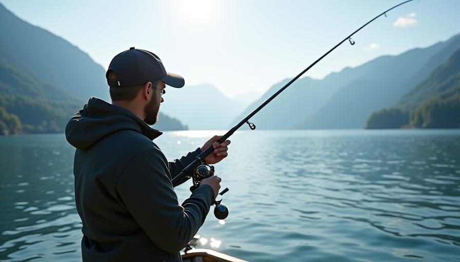 Moderner Angler beim Baitcasting auf einem Schweizer See