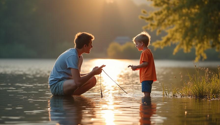 Kind lernt Angeln bei einem familienfreundlichen Event am See