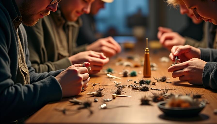 Teilnehmer in einem Fliegenbinden-Workshop binden eine Fliege